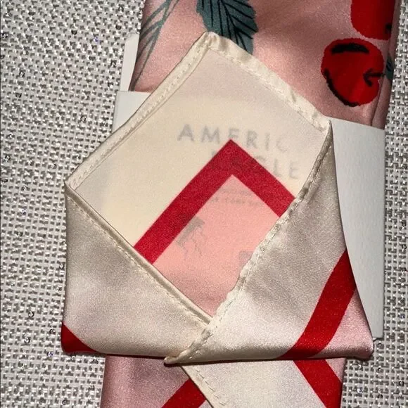 AE Ivory Pink Red Green Cherry Print Satin Square Bandana Scarf - Picture 7 of 8